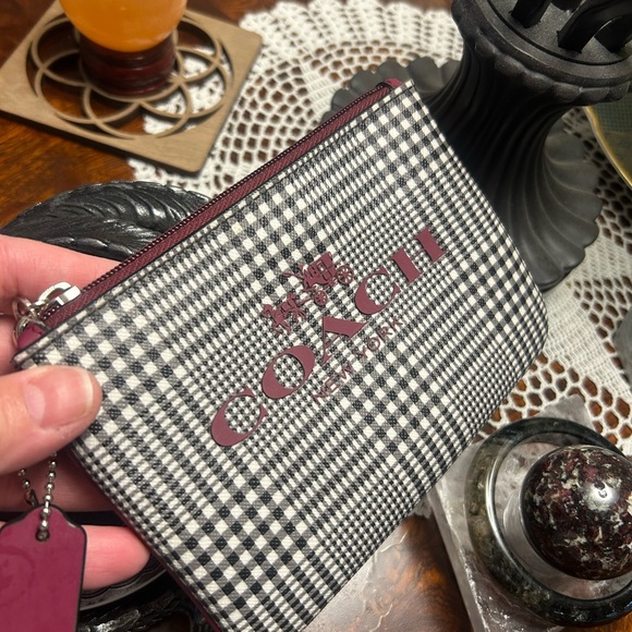 Coach Black White Burgundy Red Plaid Pouch Wristlet - Picture 2 of 6